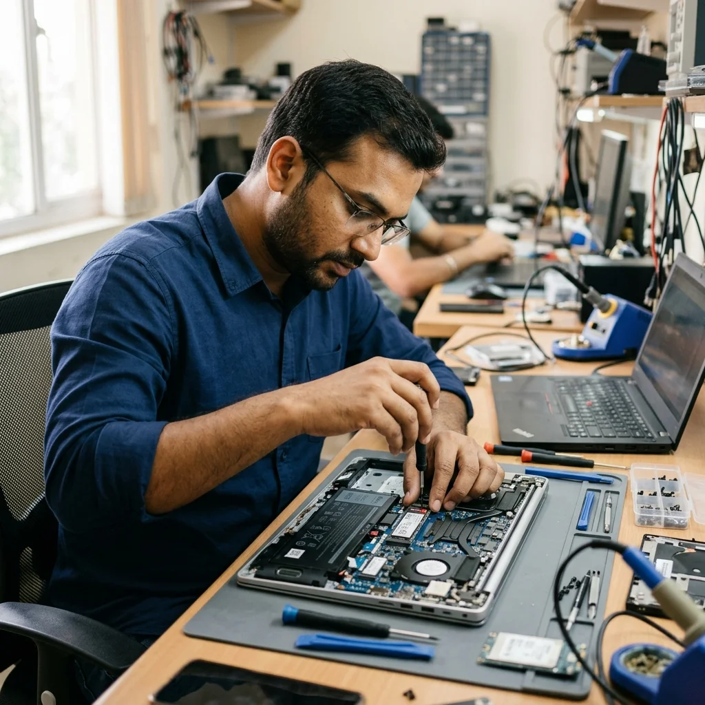 Laptop repair technician testing components